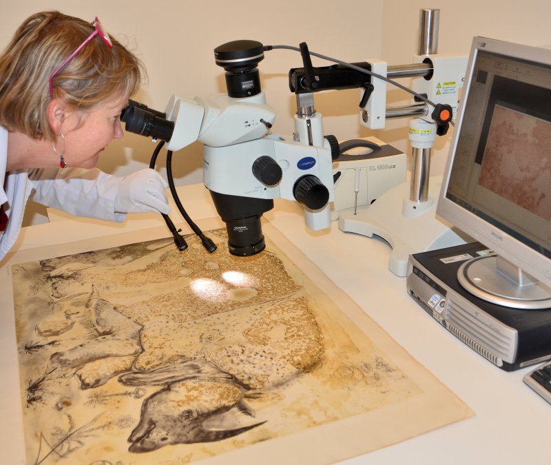 Observation with binocular magnifier for the technical identification of the work Rhinocéros (1968) © Salvador Dalí, Gala-Salvador Dalí Foundation, Figueres, 2025