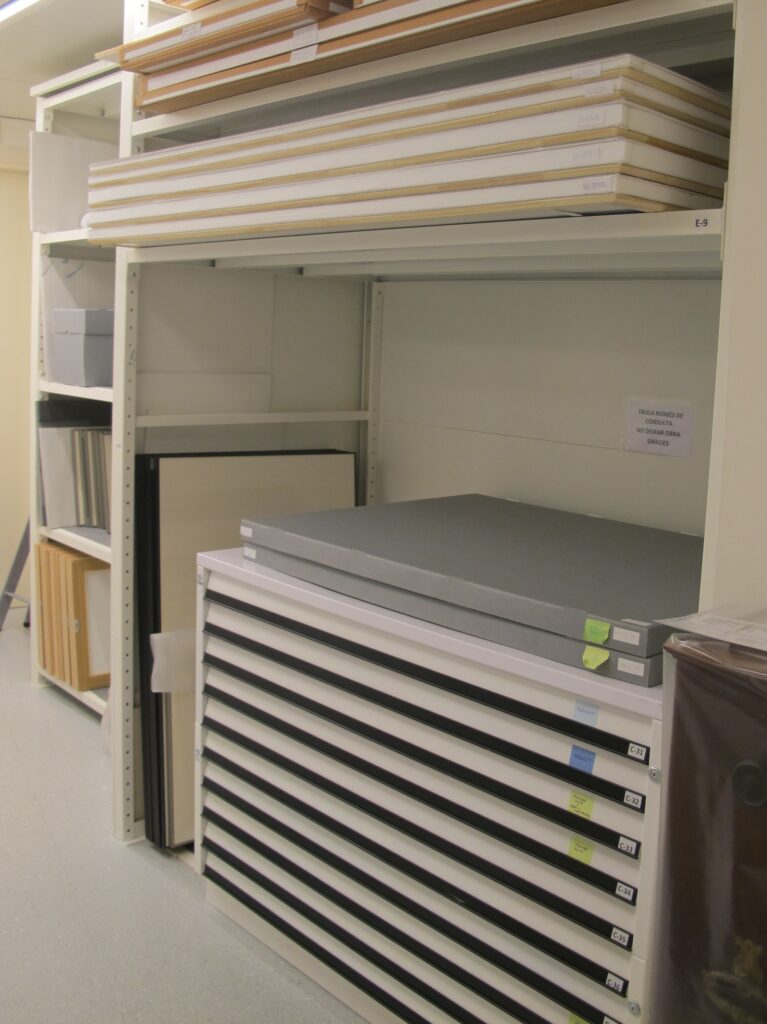 Flat files and shelves for medium and large-format works in our storage rooms